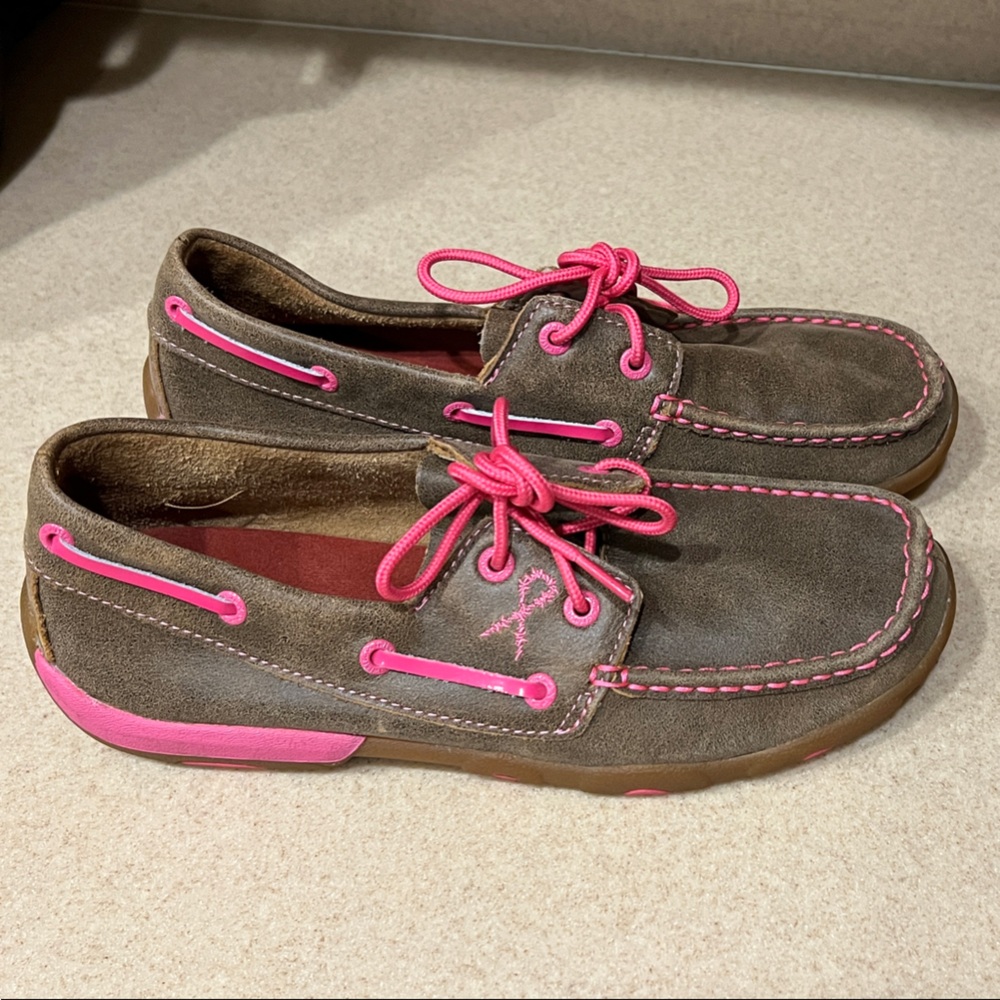 Twisted X Brown and Pink Casual Shoes, with Breast Cancer Ribbon